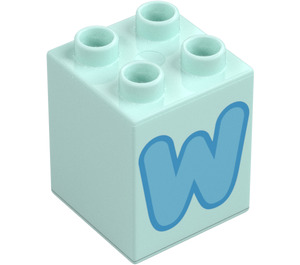 Duplo Světlá aqua Kostka 2 x 2 x 2 s Letter "W" Dekorace (31110 / 65951)