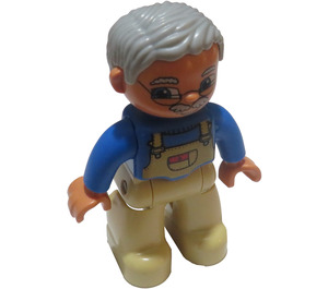 LEGO Duplo Grandpa Figure - Medium Stone Vlasy, Flesh Hlava a Ruce, Tan Nohy a overall Vzor na Modrá shirt Duplo figurka