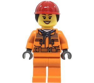 LEGO Female Konstrukce Worker s Dark Stone Šedá Hoodie Minifigurka