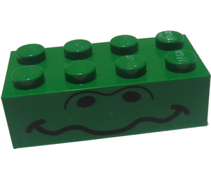 LEGO Zelená Kostka 2 x 4 s Unibrow Oči a Zvlněný Ústa (3001 / 83041)