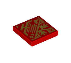 LEGO Red Dlaždice 2 x 2 s Gold Temple, Trees, a Hills logo s Groove (1144 / 3068)