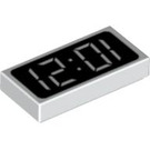 LEGO White Tile 1 x 2 with Digital Clock Pattern showing 12:01 (or 10:21) with Groove (81268)